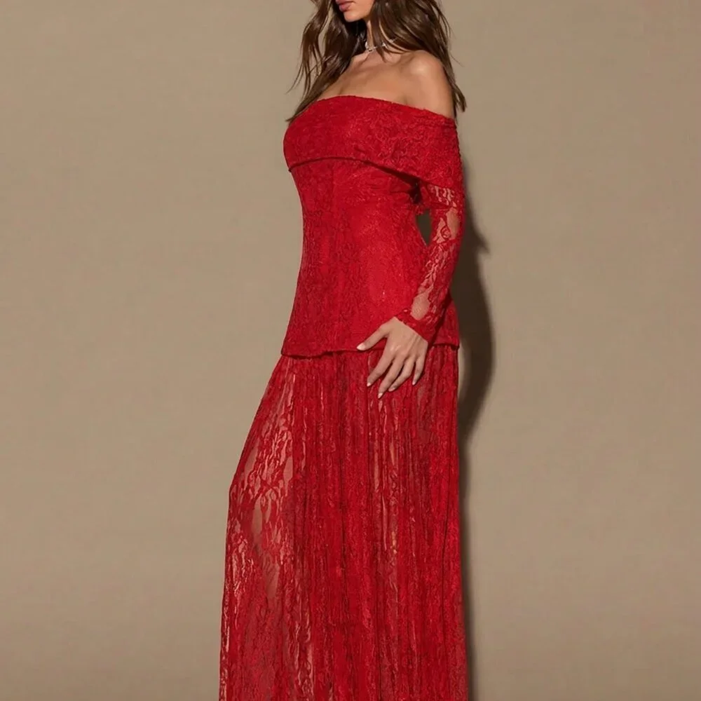 Red Elegant Women's Lace Off Shoulder Long Sleeve Dress - Picture 5 of 6